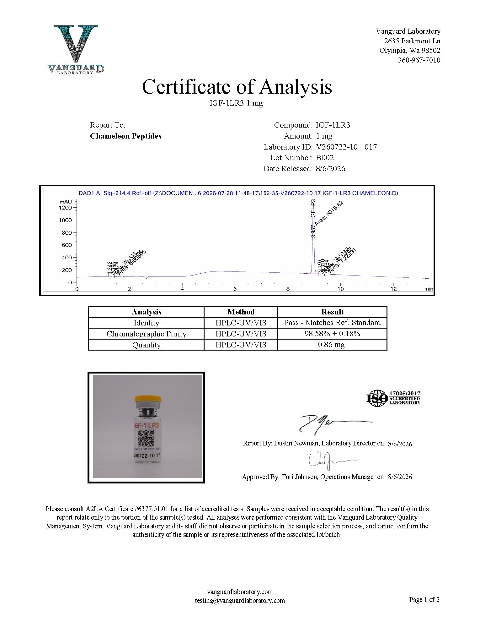 IGF-1 LR3 1mg product image – Chameleon Peptides